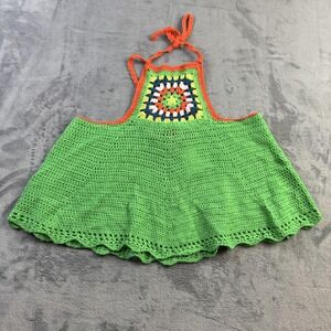 MadRag Crochet Halter Tank Top Womens Large Green Orange Granny Square‎ Boho